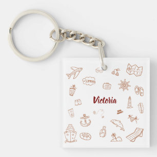 Porte-clés Doodle de vacances d'été avec nom personnalisé 