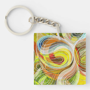 Porte-clés Doodle jaune et marron automnal avec des lignes bl