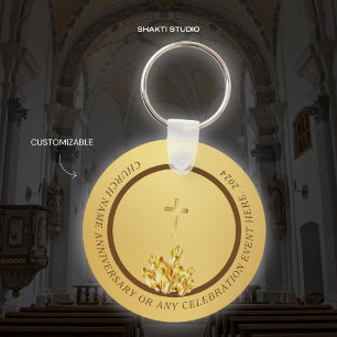 Porte-clés doré marron Souvenir chrétien d'église