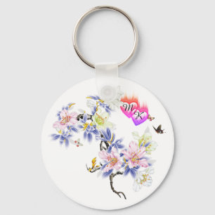 Porte-clés Double Coeurs flamboyants Monogrammes avec Fleurs