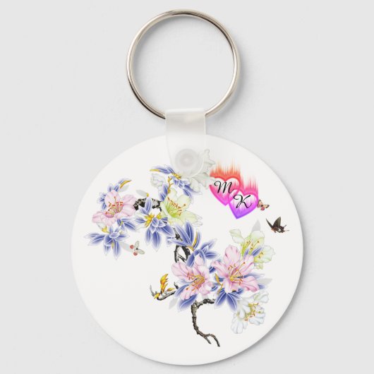 Porte-clés Double Coeurs flamboyants Monogrammes avec Fleurs (Recto)