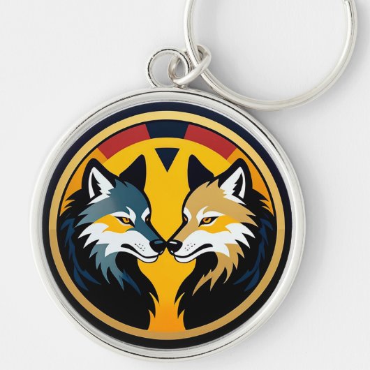 Porte-clés Double Logo Emblème Loup Avec Cercle Doré (Devant)