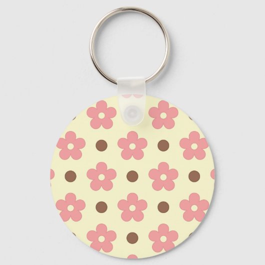 Porte-clés Douce Florale Rose et Motif à Points Marron Rétro (Recto)