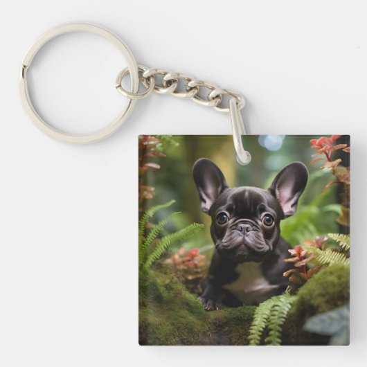 Porte-clés 🐶💛Doux chiot Frenchie dans une jungle (Devant)