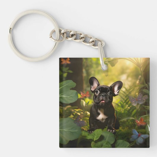 Porte-clés 🐶💗Doux chiot Frenchie dans une jungle (Devant)
