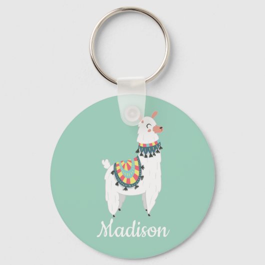Porte-clés Doux Lama Blanc Monogramme Vert Menthe Nom (Recto)