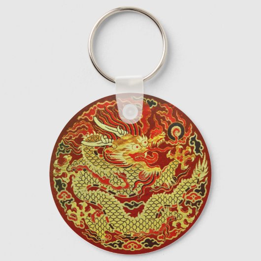 Porte-clés Dragon asiatique doré brodé sur rouge foncé (Recto)