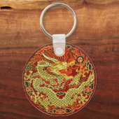 Porte-clés Dragon asiatique doré brodé sur rouge foncé (Recto)