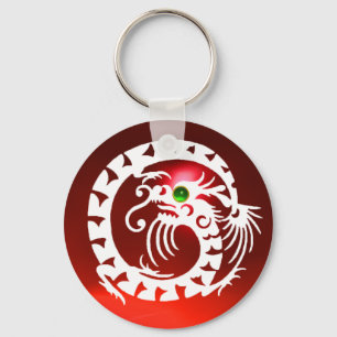 Porte-clés DRAGON DE NAGE, blanc, rubis rouge, émeraude verte