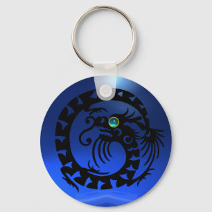 Porte-clés DRAGON DE NAGE, noir, aquamarine bleue, saphir