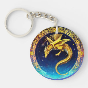 Porte-clés Dragon Doré dans le Ciel Cosmique