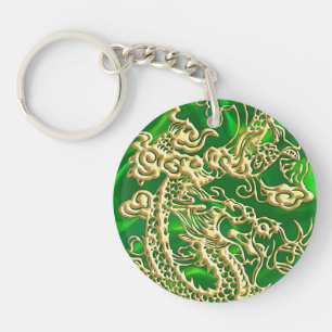Porte-clés Dragon en or embouti sur impression de satin vert