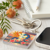 Porte-clés Dragon et Phoenix vibrant avec fleurs (Devant Droit)