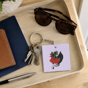 Porte-clés Dragon Noir Mystique Roses Rouges Lavande Gothique