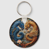 Porte-clés Dragons Bleus et Dorés dans un Design Yin Yang (Verso)