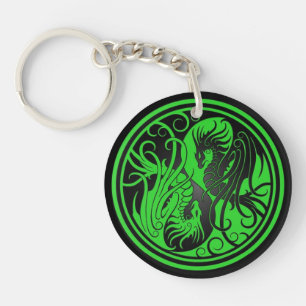 Porte-clés Dragons de Yin Yang de vol - vert et noir