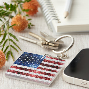 Porte-clés Drapeau américain rouge blanc bleu scintille paill
