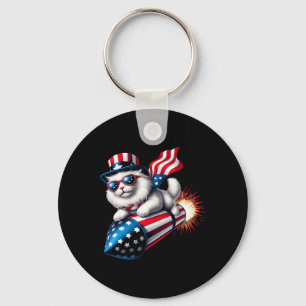 Porte-clés Drôle 4 juillet Patriotic Cat Rocket avec Firewo