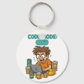 Porte-clés Drôle Cartoon du programmeur avec "Mode Code : ON" (Recto)
