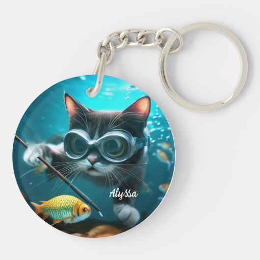 Porte-clés Drôle Chat dans l'Aquarium (Dos)