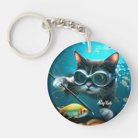 Porte-clés Drôle Chat dans l'Aquarium (Devant)