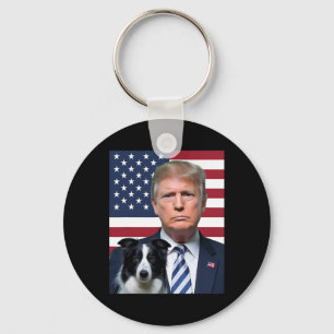 Porte-clés Drôle Trump Et Chien Border Collie Drapeau États-U