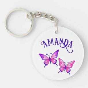 Porte-clés Duo de papillon violet et rose avec nom