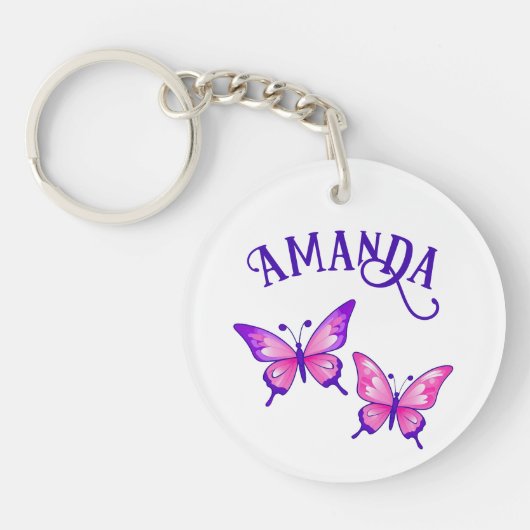 Porte-clés Duo de papillon violet et rose avec nom (Devant)