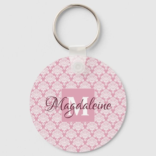 Porte-clés Dusty Rose Damask Lace Motif Monogramme & Nom (Recto)