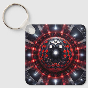 Porte-clés Éclatantes étoiles de Mandelbrot à carreaux rouges