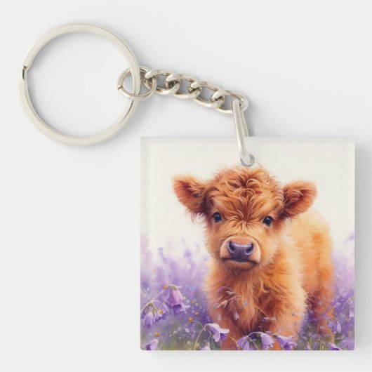 Porte-clés Écossais Highland Vache Calf Violet Fleurs sauvage (Devant)