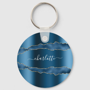 Porte-clés Écriture de nom de marbre d'agate d'or bleu