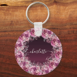 Porte-clés Écriture de nom floral rose bordeaux