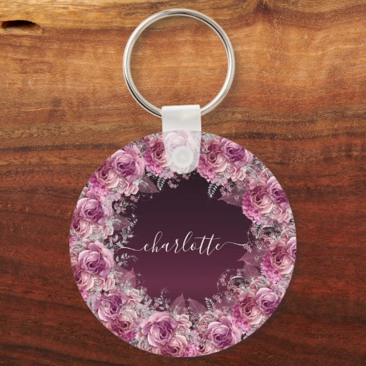 Porte-clés Écriture de nom floral rose bordeaux (Verso)