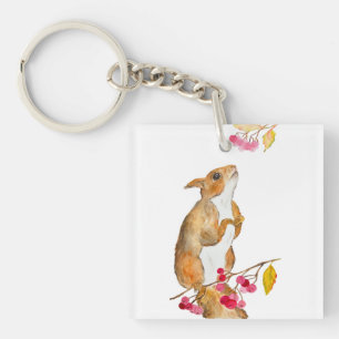 Porte-clés Écureuil d'aquarelle drôle sur une branche avec de