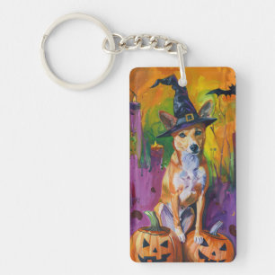 Porte-clés Éffrayant Basenji Halloween sorcière et Citrouille
