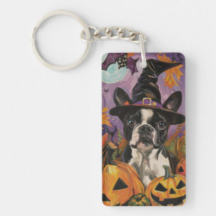 Porte-clés Éffrayant Boston Terrier Halloween Witch Et Citrou