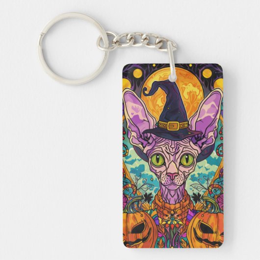 Porte-clés Éffrayant Sphynx Chat Halloween sorcière et Citrou (Devant)