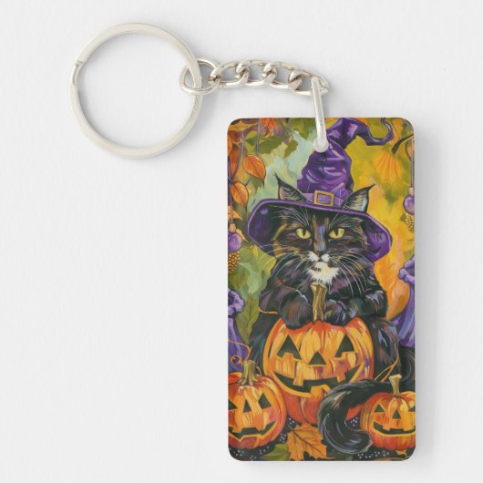 Porte-clés Éffrayant Tuxedo Chat Halloween Sorcière Et Citrou (Devant)