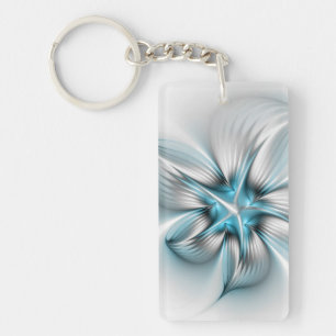 Porte-clés Élégance florale Art fractal bleu abstrait moderne