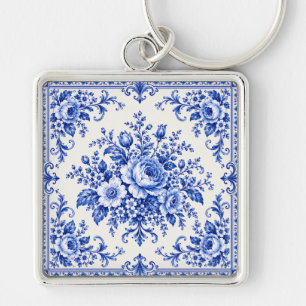 Porte-clés Élégance porcelaine vintage fleurs bleues