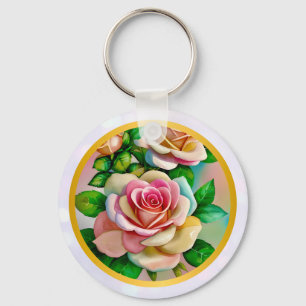 Porte-clés Elégance Rose rose et jaune Aquarelle Pastel