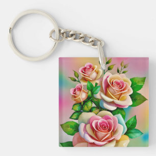 Porte-clés Élégance Roses Rose et Jaune Aquarelle Pastel