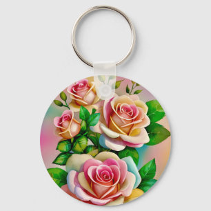 Porte-clés Élégance Roses Rose et Jaune Aquarelle Pastel