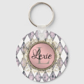 Porte-clés Élégant arlequin rose-bleu monogramme (Verso)