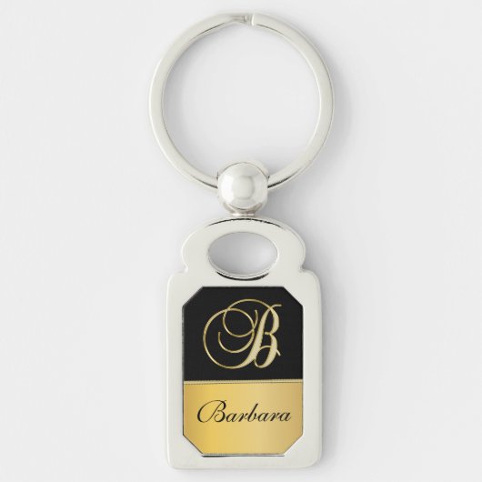 Porte-clés Élégant "B" Monogramme Nom personnalisé Black Gold (Devant)