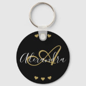 Porte-clés Élégant Black Gold Hearts Script Monogramme Nom (Recto)