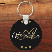 Porte-clés Élégant Black Gold Hearts Script Monogramme Nom (Recto)