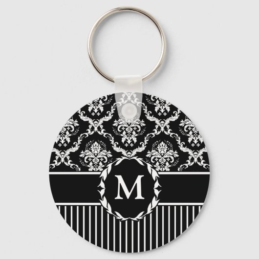 Porte-clés Elégant blanc sur noir Damask (Recto)