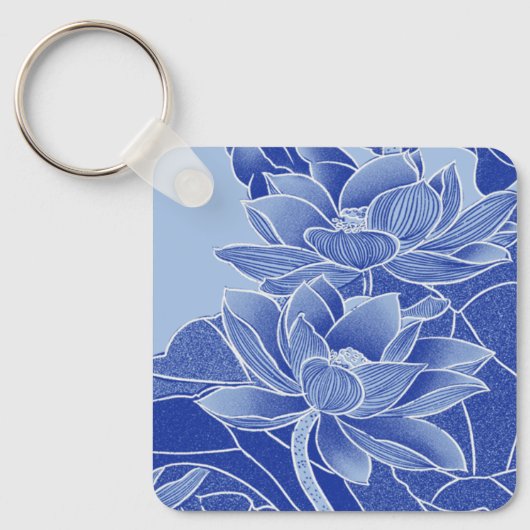 Porte-clés Elégant bleu Lotus Fleurs Mandala Chinoiserie (Recto)